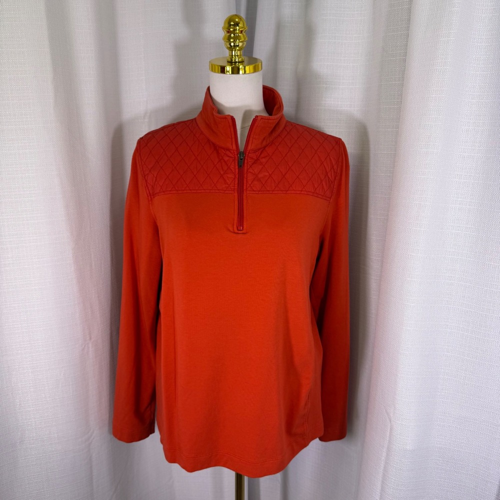 Talbots Pullover Top Womens Large Red Quilted Yoke Quarter Zip Pima Cotton